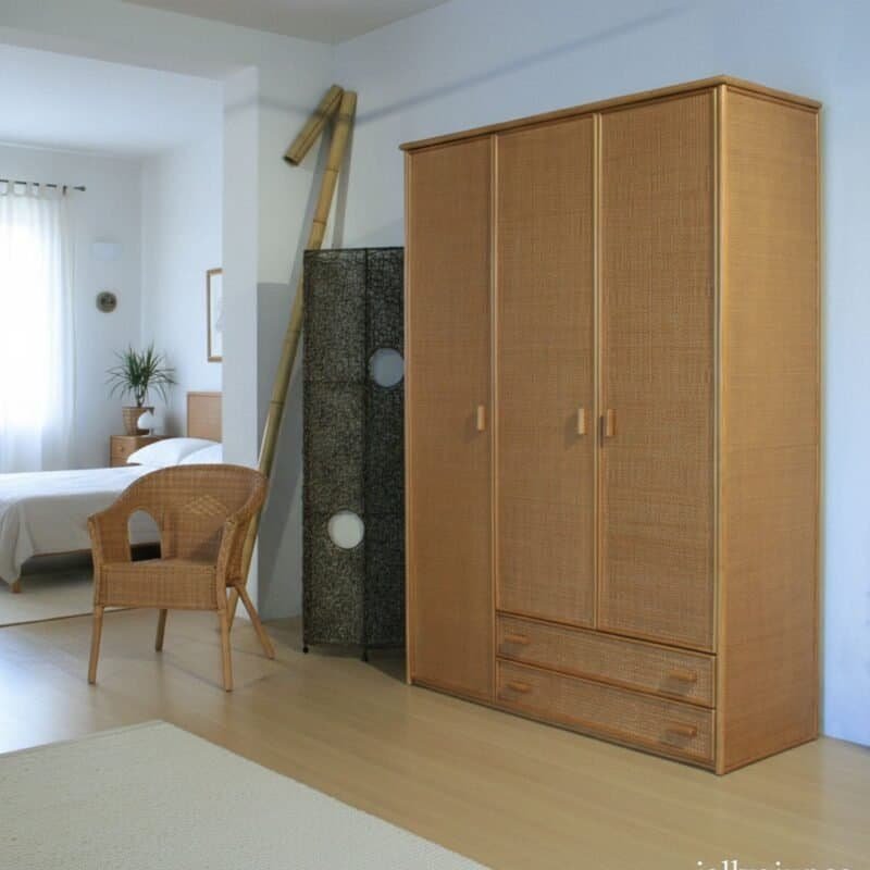 Armadio in rattan alto a 3 ante battenti con 2 cassetti