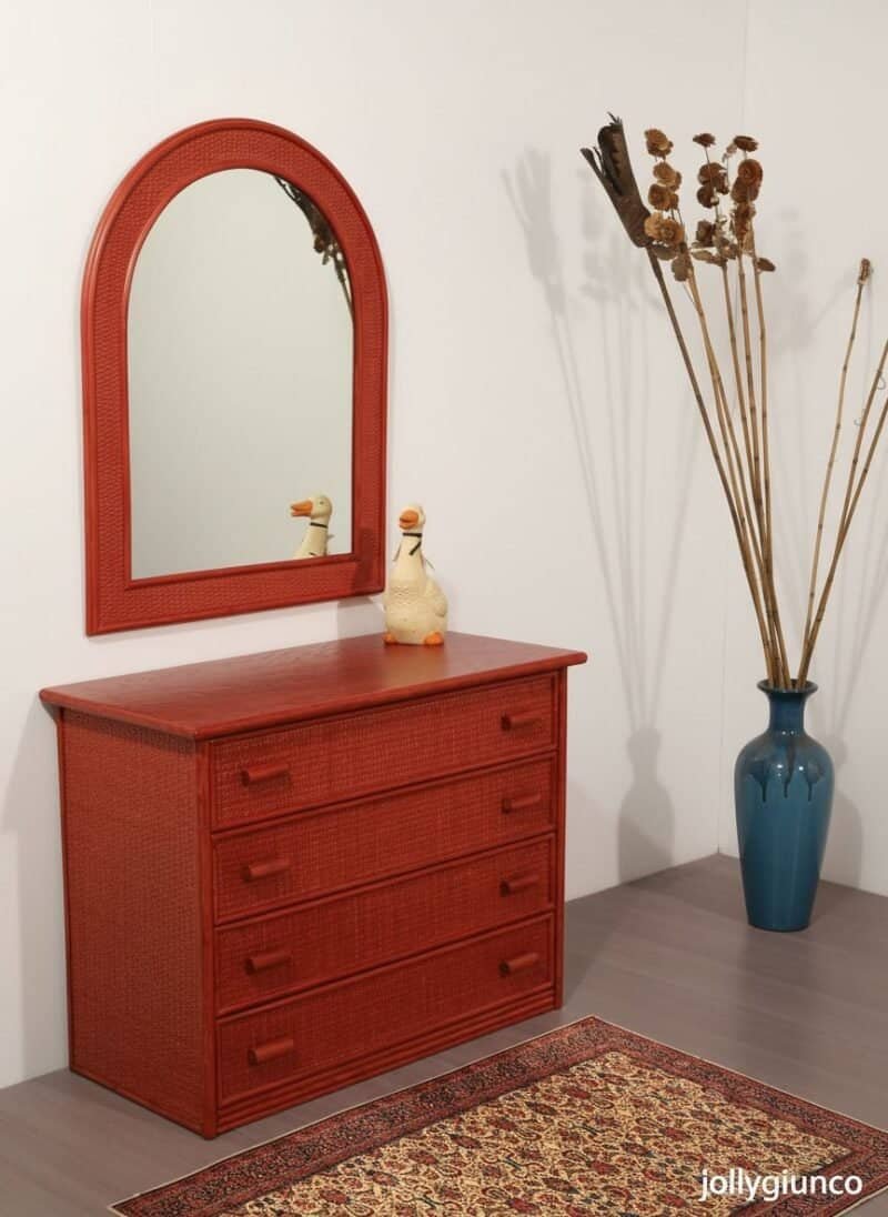 cassettone in rattan 4 cassetti colore rosso