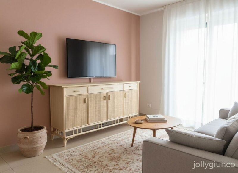 mobile in midollino con 4 porte e 3 cassetti colore rattan naturale