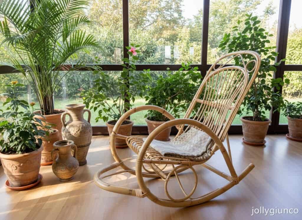 Poltrona-a-dondolo-giunco - jollygiunco.eu Elegante sedia a dondolo in bambù in una veranda con piante e vasi in terracotta, ambiente rilassante e naturale.