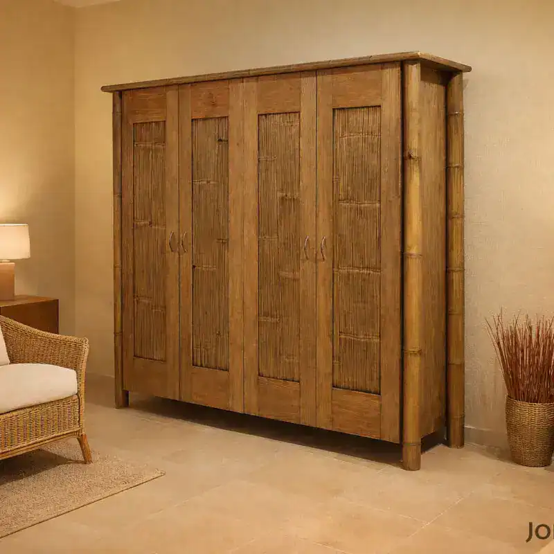 Armadio in legno naturale, stile rustico, arredamento soggiorno elegante, atmosfera calda e accogliente.