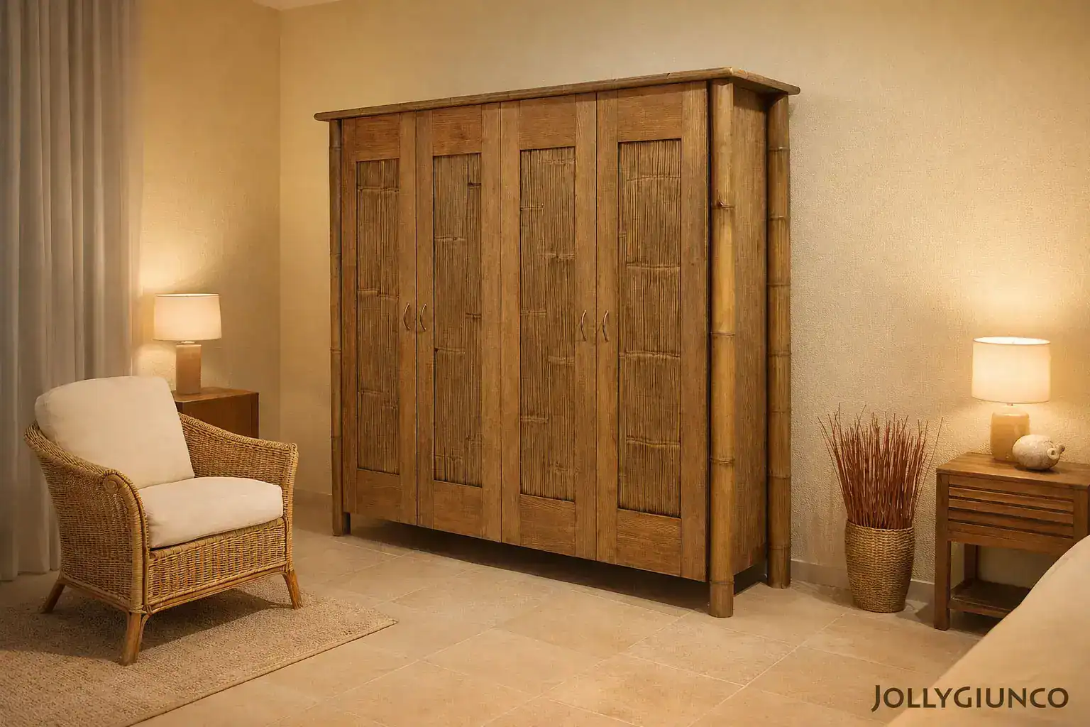 Armadio-con-canne-bambu - jollygiunco.eu Armadio in legno naturale, stile rustico, arredamento soggiorno elegante, atmosfera calda e accogliente.