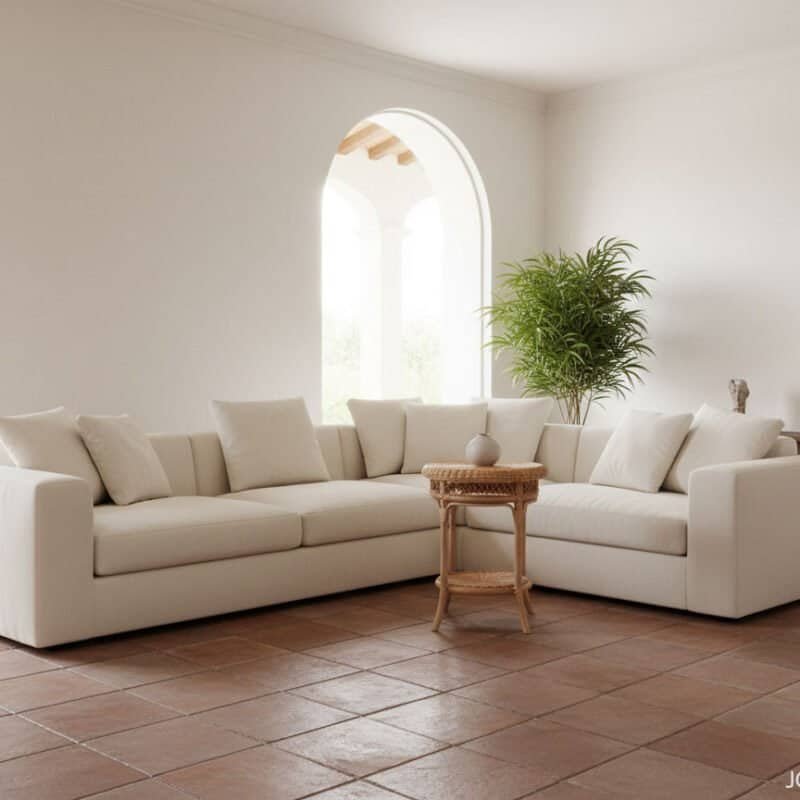 Divano moderno bianco in soggiorno luminoso con pianta verde e arredi eleganti.