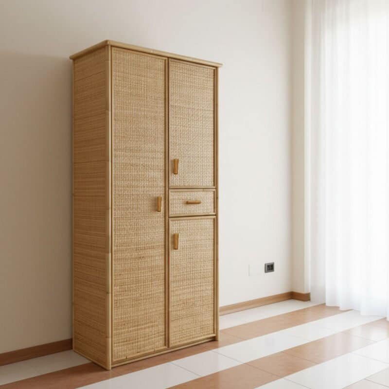 Armadio in midollo di rattan naturale, stile moderno e minimale.