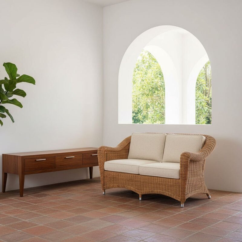 Una zona soggiorno con divano in vimini e grande pianta verde in una stanza luminosa.