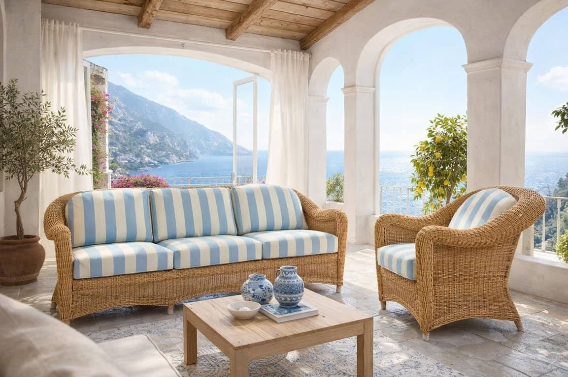 Consueto-Over-divano-3-posti-giunchino1 - jollygiunco.eu Relaxing seaside terrace with wicker furniture and panoramic ocean view.