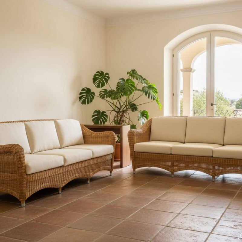 Salotti in vimini con cuscini beige in soggiorno luminoso con finestra grande.