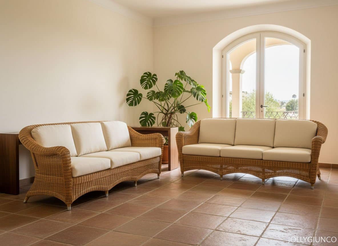 Consueto-Over-divano-3-posti-giunchino10 - jollygiunco.eu Salotti in vimini con cuscini beige in soggiorno luminoso con finestra grande.