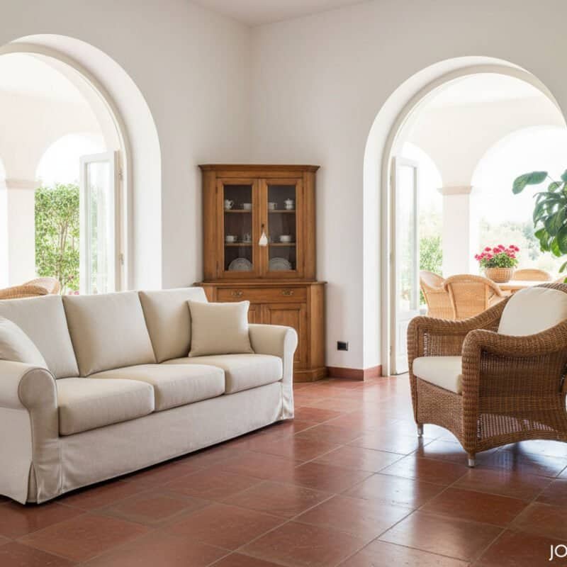 Immagine di un soggiorno luminoso con divano beige e poltrone in rattan, ambiente accogliente e eleg.