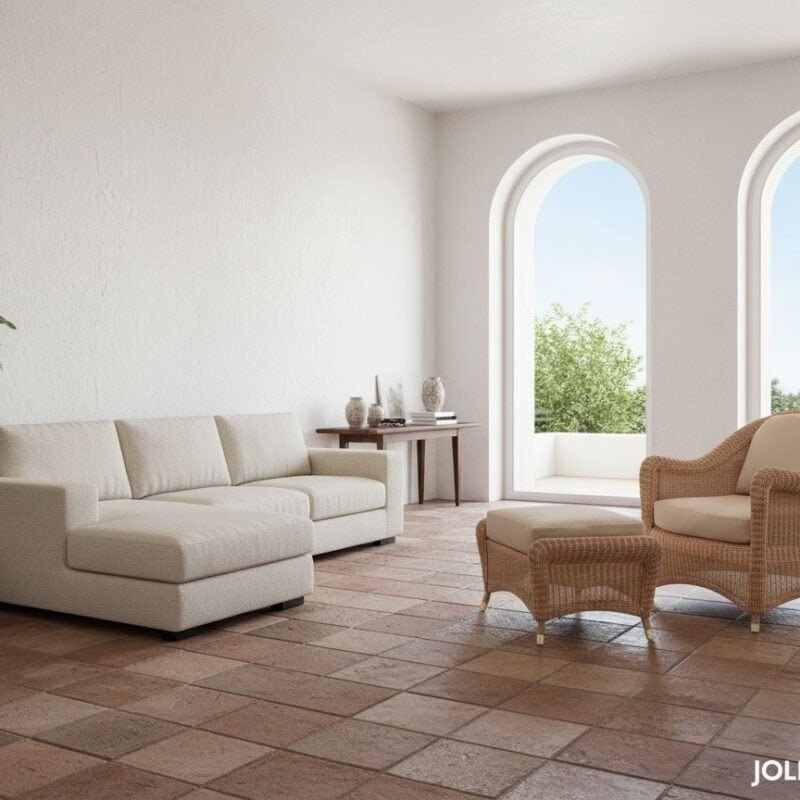 Una stanza luminosa con divano bianco, poltrona in vimini e grandi finestre con vista sul cielo e gl.