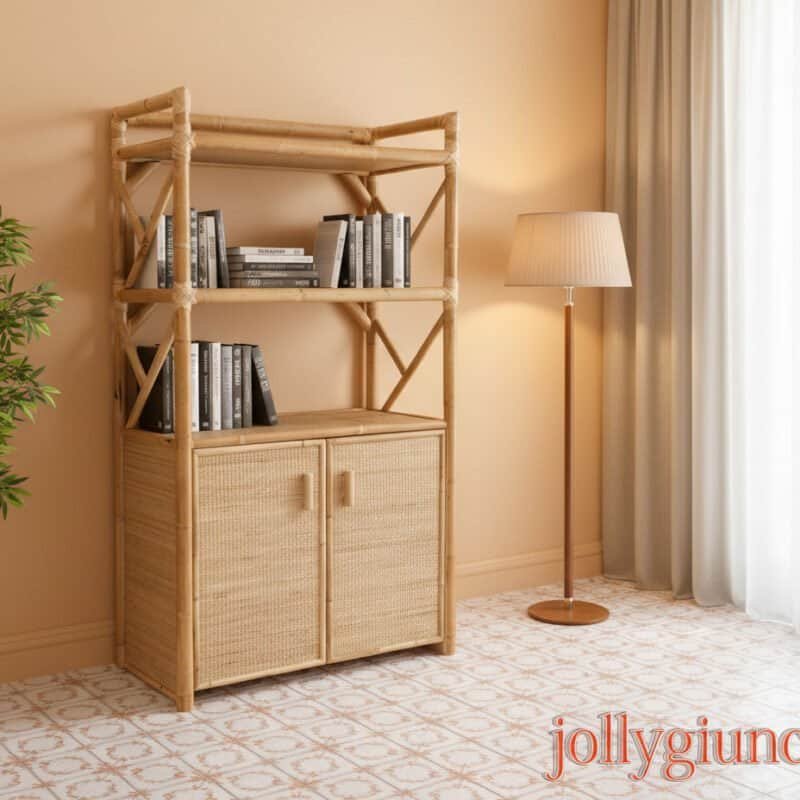 Mensola in bamboo naturale con ripiani e cassetti.