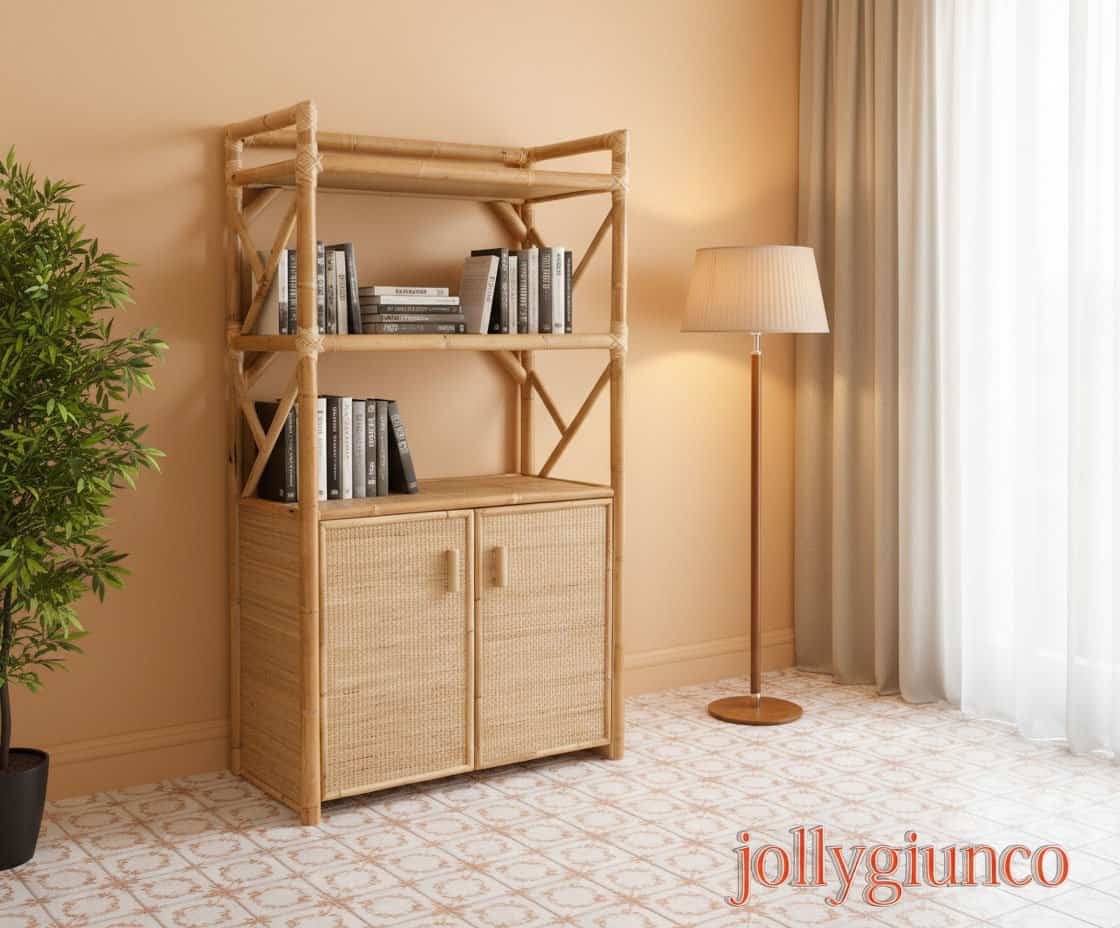 Libreria-in-giunco-2-porte-a-3-piani - jollygiunco.eu Mensola in bamboo naturale con ripiani e cassetti.