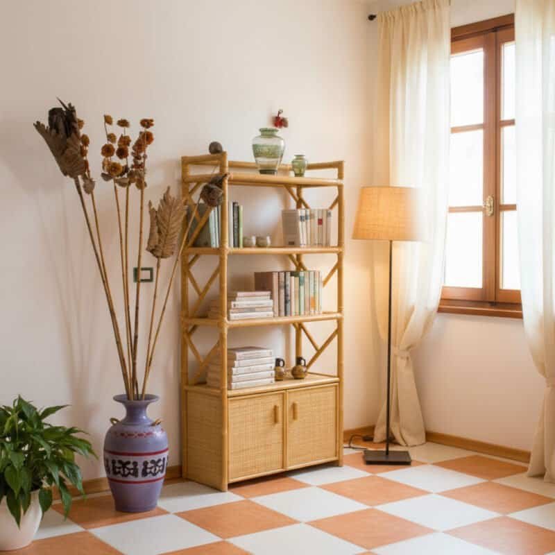 Elegante libreria in bambù in soggiorno, decorazioni e naturalezza.
