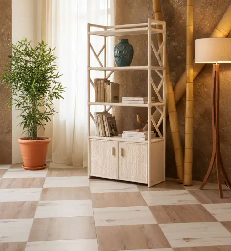 Elegante arredamento casa con libreria e piante naturali.