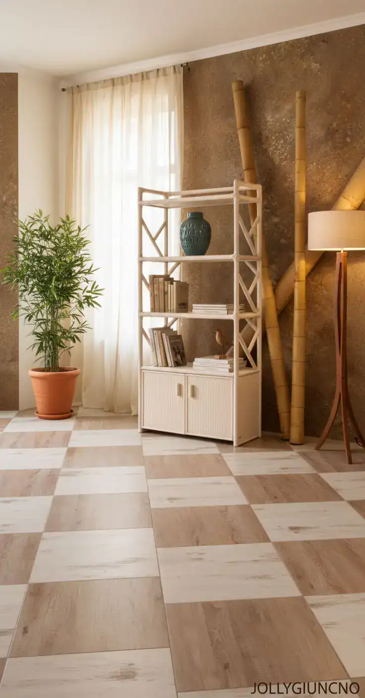 Libreria-in-rattan-2-porte-a-4-pian - jollygiunco.eu Elegante arredamento casa con libreria e piante naturali.