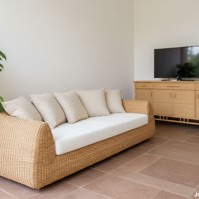 Divano in vimini e tessuto con cuscini beige in soggiorno moderno.