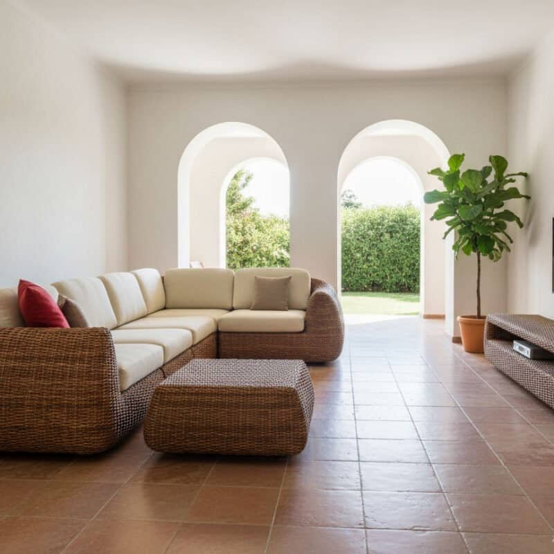 Salotto moderno con divano in rattan, TV e piante in ambiente luminoso.