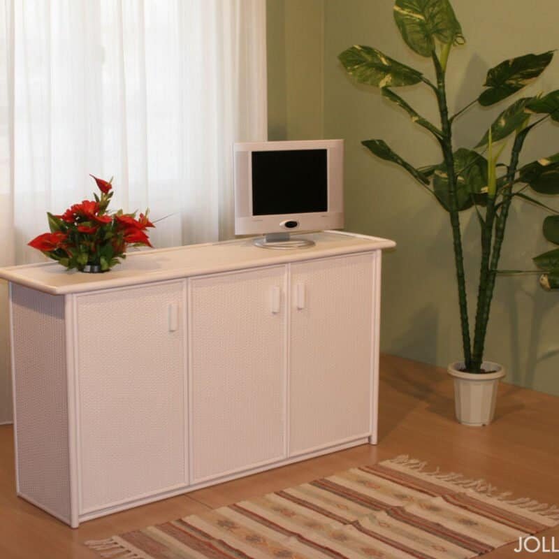 Mobile porta TV bianco con decorazioni in stile moderno.