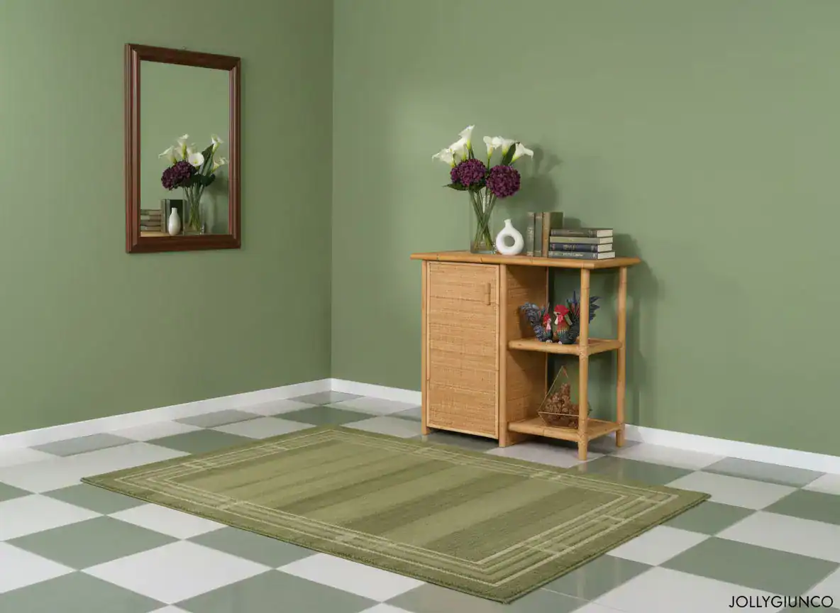 Mobile-in-rattan-con-1-porta-e-libreria - jollygiunco.eu Stanza moderna con pareti verdi, mobile in legno, specchio e decorazioni floreali.