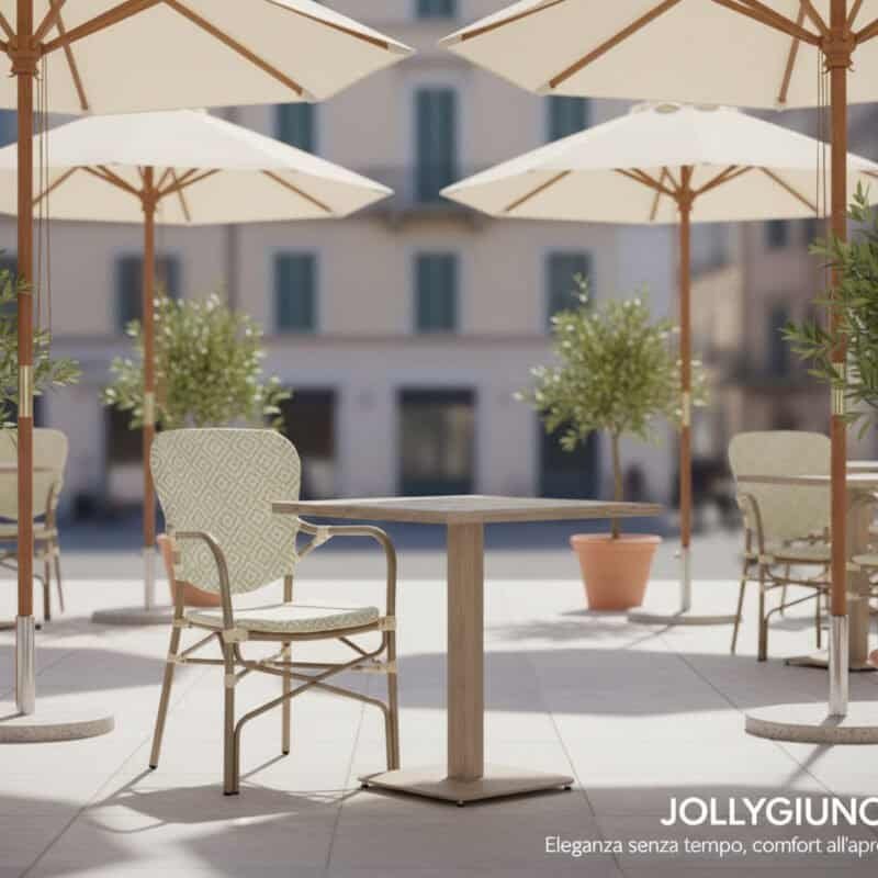 Esposizione di sedie e ombrelloni da esterno per ristoranti e bar di design.