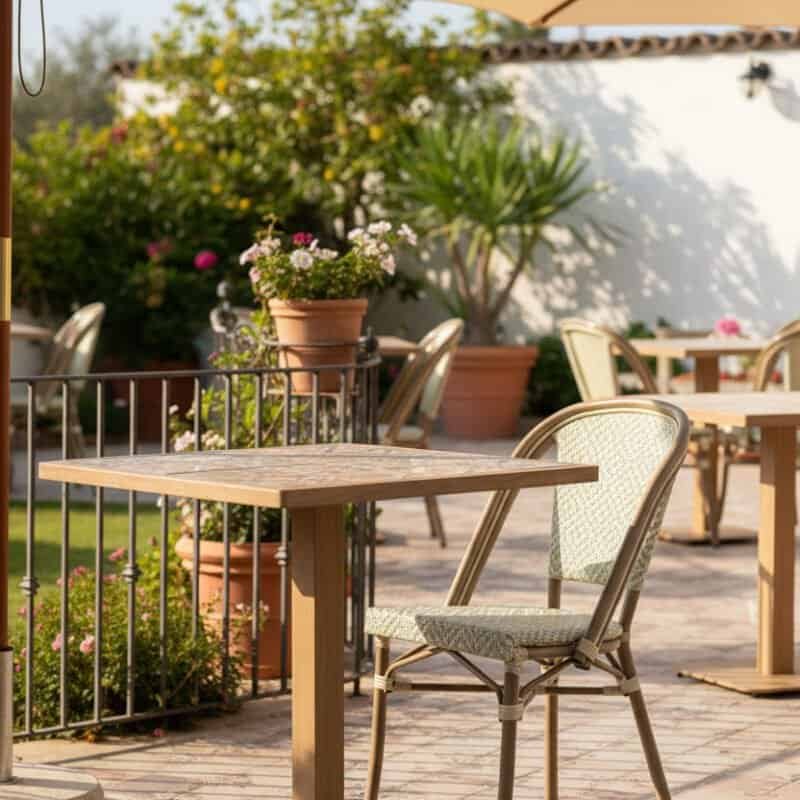 Sedie e tavoli da esterno in ambiente garden con ombrelloni e piante.