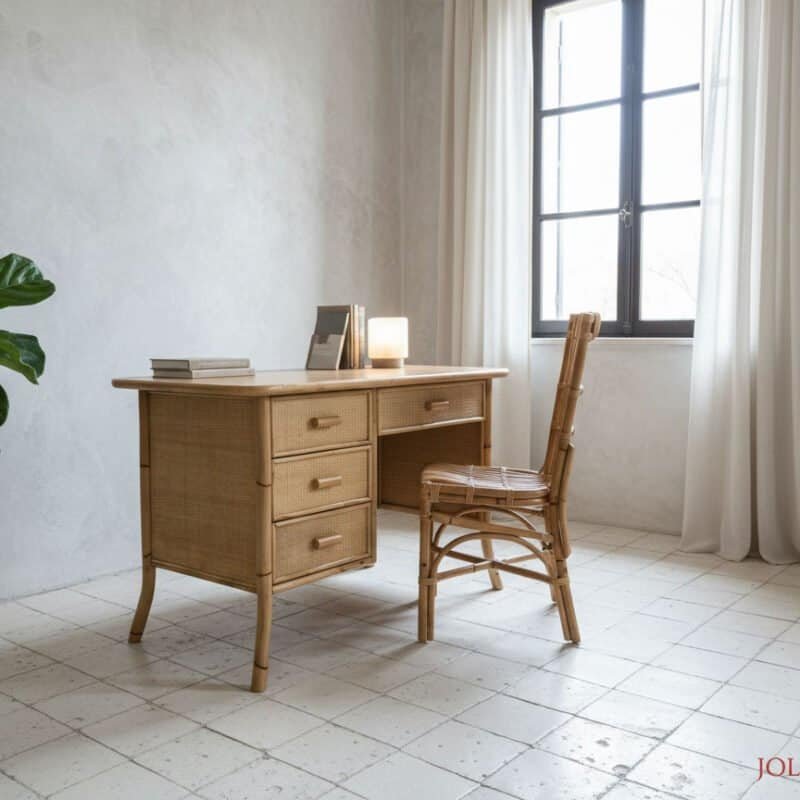 Scrivania in rattan naturale con sedia abbinata in stile shabby chic.