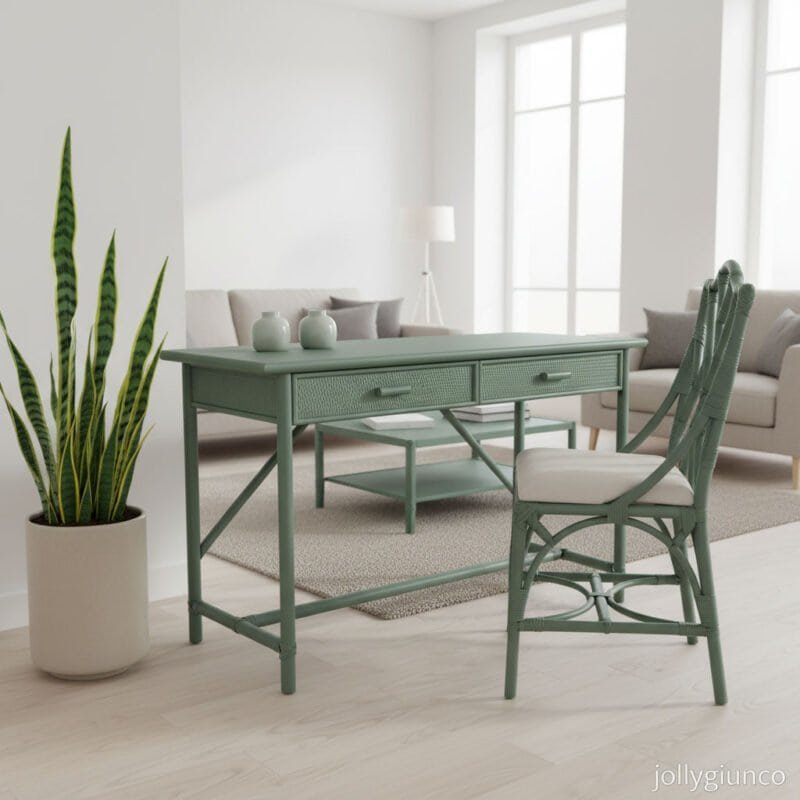 Mobili living in stile shabby chic con divani e tavolo di design verde salvia.