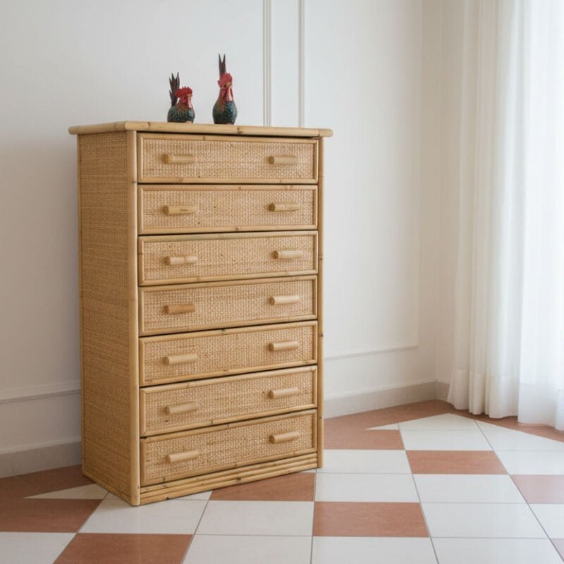 Cassettiera in bambù naturale stile vintage, decorazione camera da letto, arredo rustico.