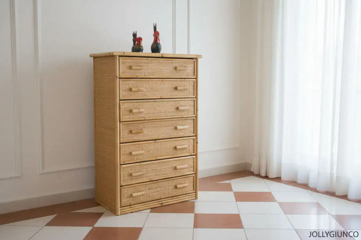 Settimino-in-giunco-a-7-cassetti - jollygiunco.eu Cassettiera in bambù naturale stile vintage, decorazione camera da letto, arredo rustico.