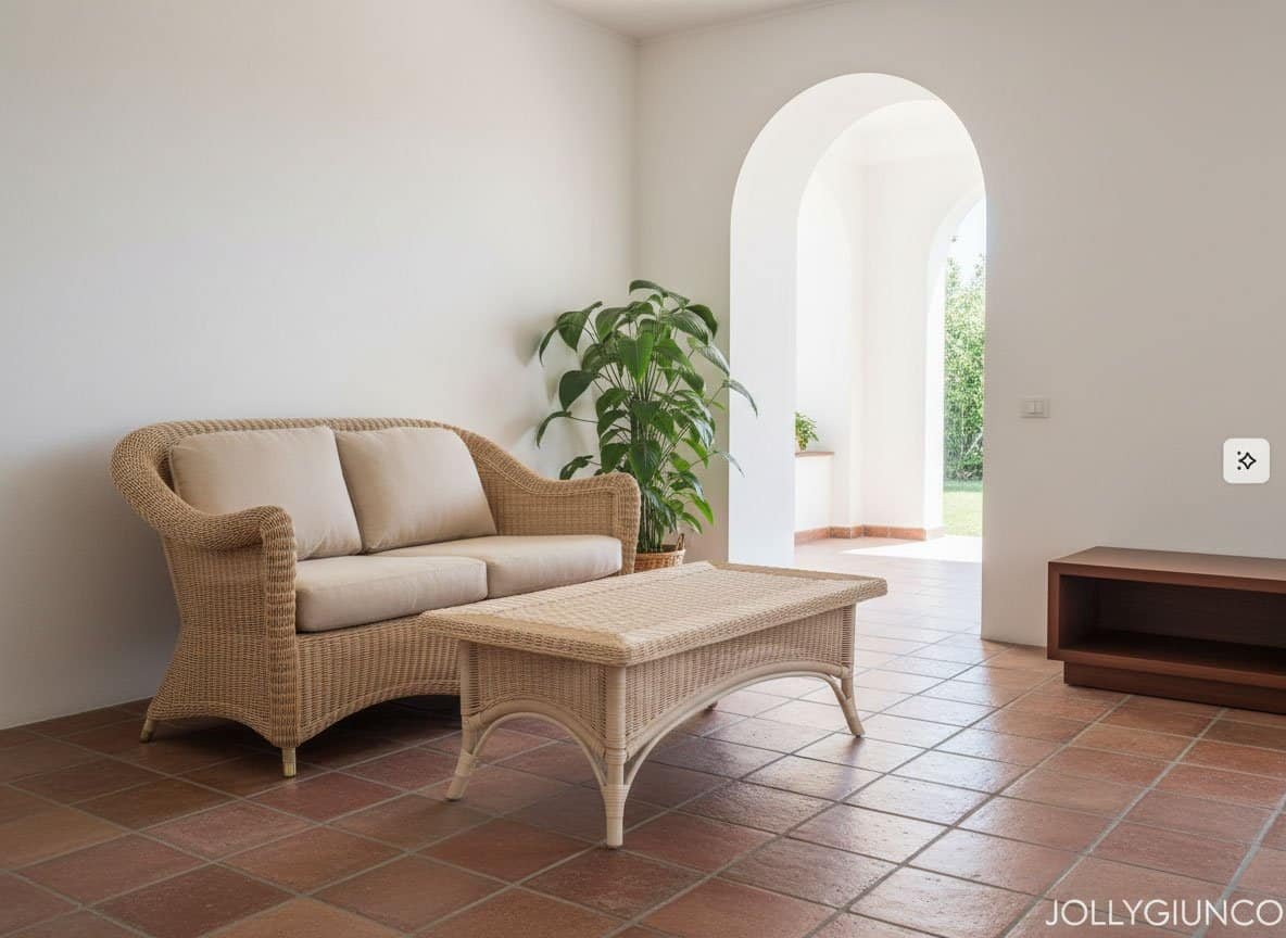 Sylvia-tavolo-rettangolare-Rattan10 - jollygiunco.eu Immagine di un soggiorno con divano in vimini, tavolino e piante in ambiente luminoso.