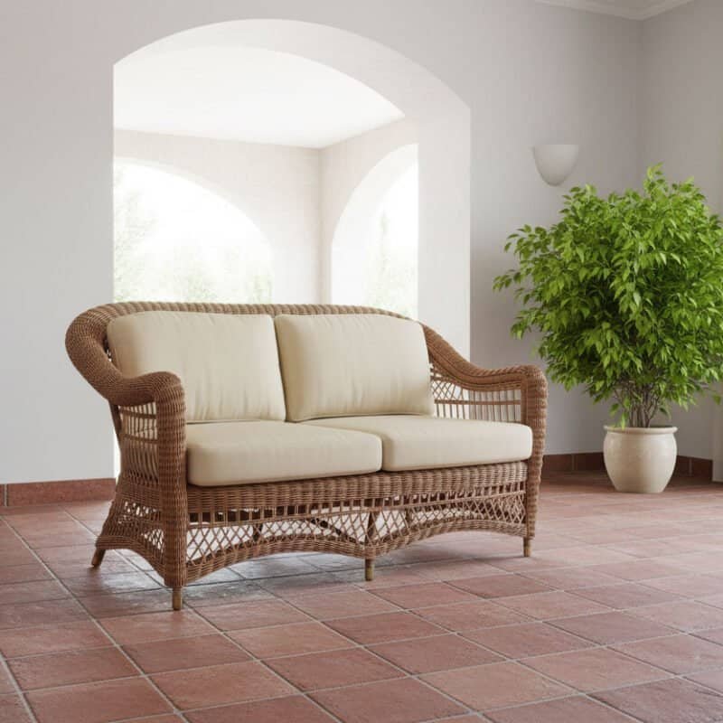 Divano classico in rattan a 2 posti, ideale per soggiorno elegante.