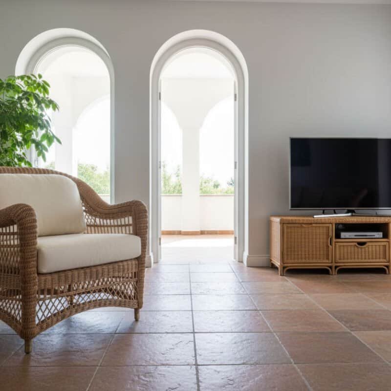 Poltrona classica in soggiorno con TV e piante.