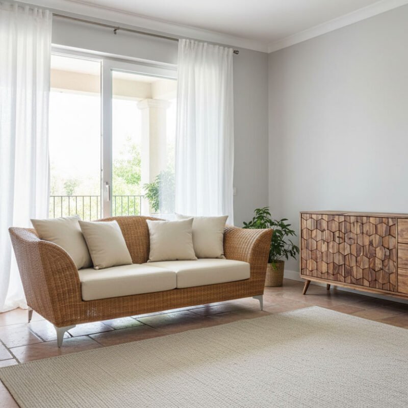 Poltrona in rattan con cuscini beige e mobile in legno naturale.