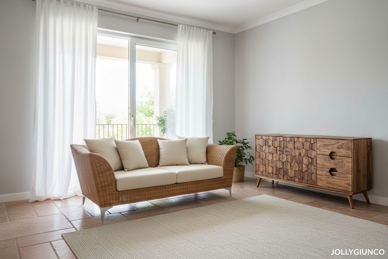 Hiu poltrona rattan jollygiuncoeu Poltrona in rattan con cuscini beige e mobile in legno naturale