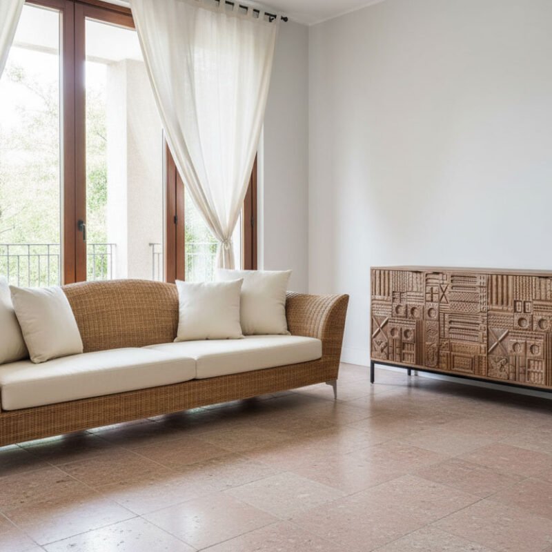 Divano 3 posti in rattan con cuscini, arredo esterno elegante e resistente.