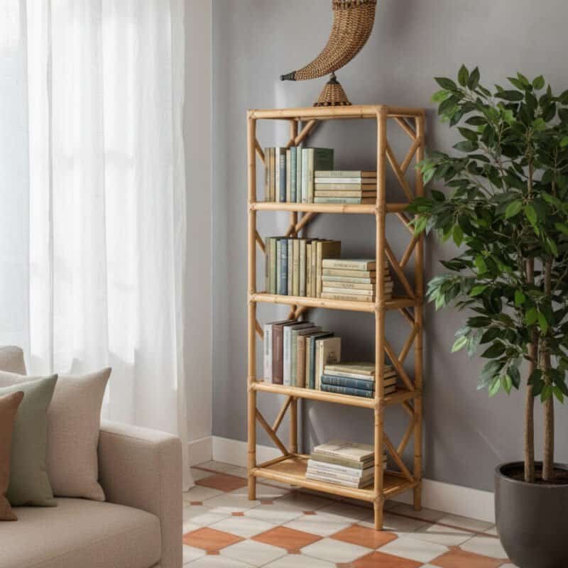 Libreria in bambù con libri e decorazioni in soggiorno luminoso.