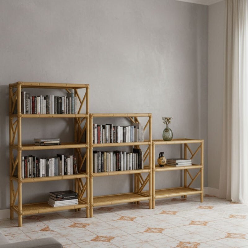 Libreria moderna in soggiorno con scaffali in legno e decorazioni eleganti.