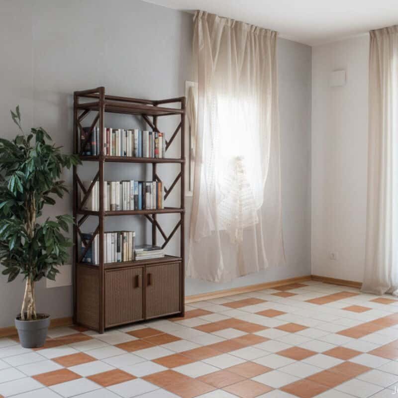 Appendiabiti in legno con libri e pianta in soggiorno luminoso e arioso.