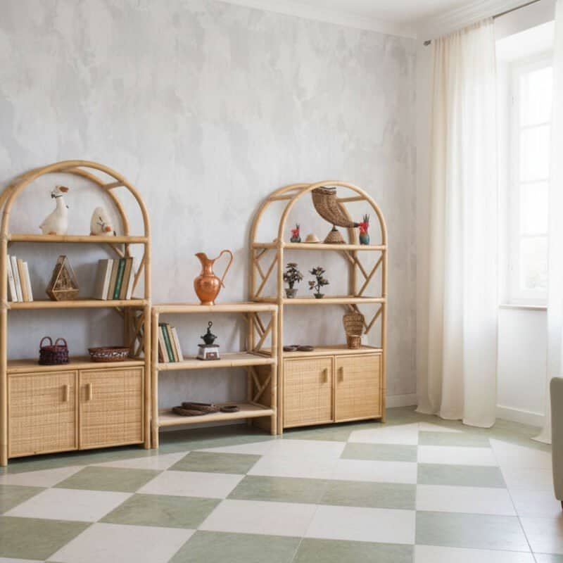 Pannelli di scaffali in rattan con decorazioni in stile naturale e arredo moderno.