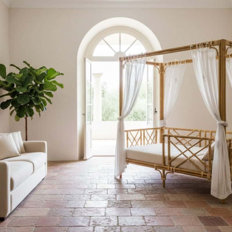 Letto a baldacchino in rattan, stile mediterraneo, per esterni ed interni.