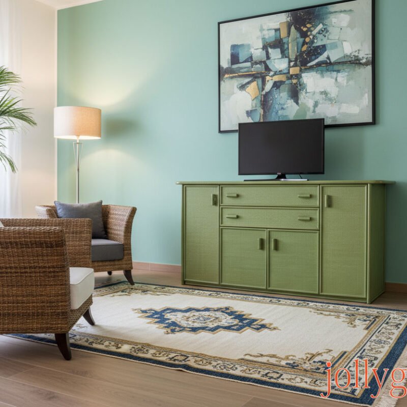 Sala in rattan con mobile verde, divano e decorazioni moderne.