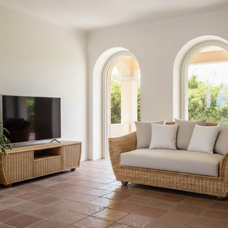 Poltrona in vimini con cuscini in soggiorno luminoso e arioso.