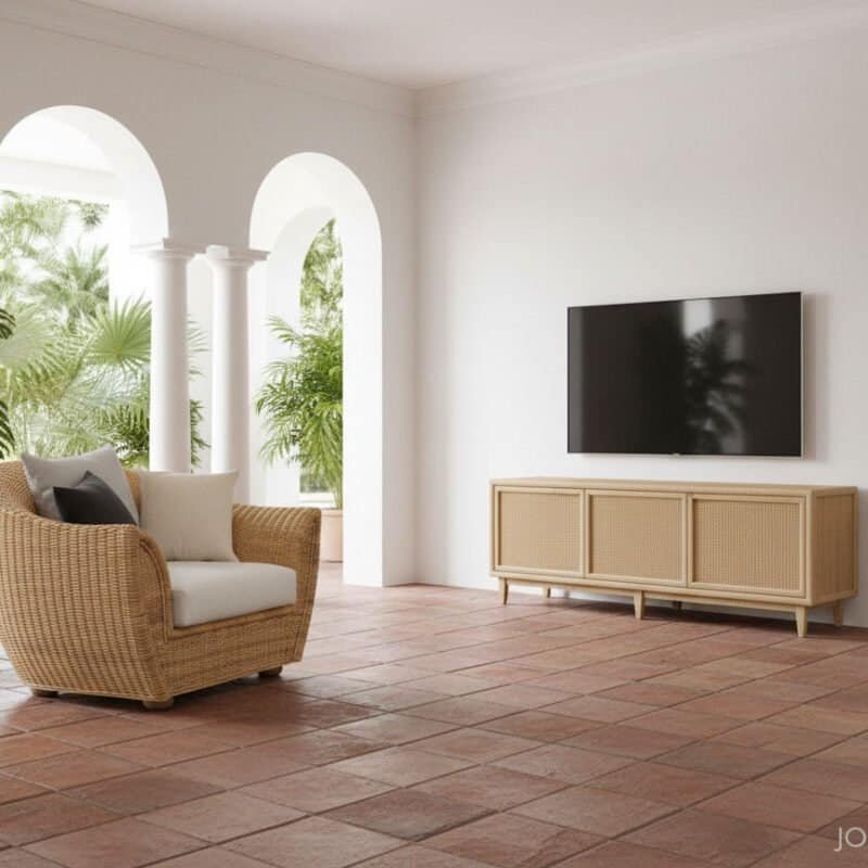 Interno luminoso con divano in vimini, TV e piante verdi, stile minimalista.