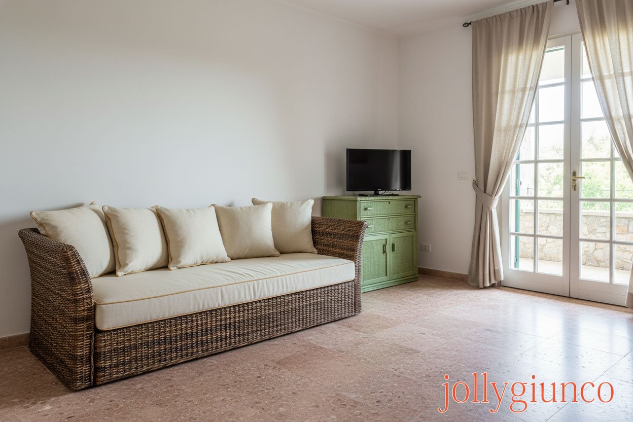 Divano letto in rattan piccolo jollygiuncoeu Divano letto in rattan piccolo con cuscini beige soggiorno luminoso