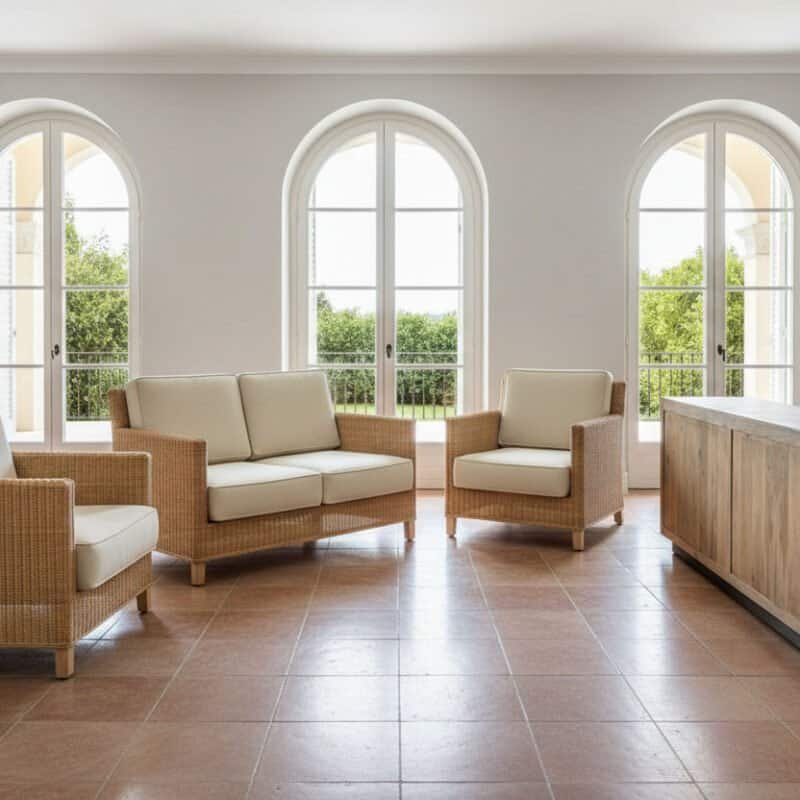 Poltrona Tiffany in rattan con seduta imbottita e stile elegante.