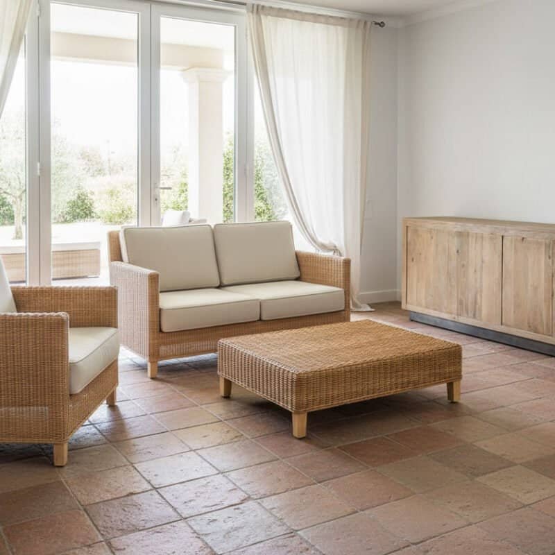 Tavolino pouf Tiffany in rattan per soggiorno elegante e naturale.