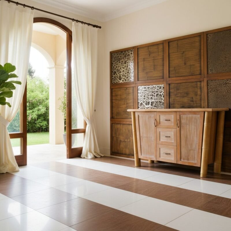 Space with a wooden sideboard against a paneled wall, open glass doors, and a potted plant in a bright room. Outside greenery visible through arches and sheer curtains.