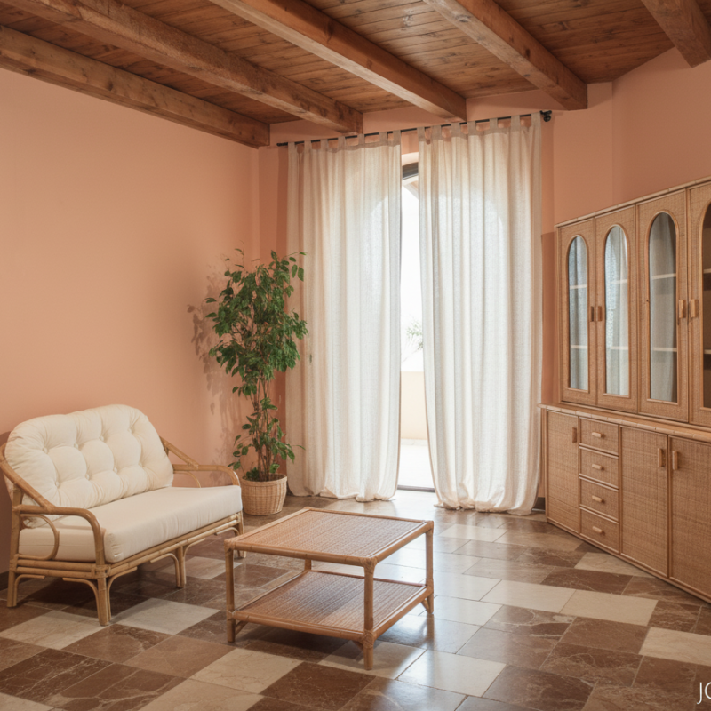 Cozy living room with peach walls, exposed wooden beams, and wicker furniture including a cushioned sofa, coffee table, and a tall cabinet; a potted plant sits near sheer curtains by a balcony door.