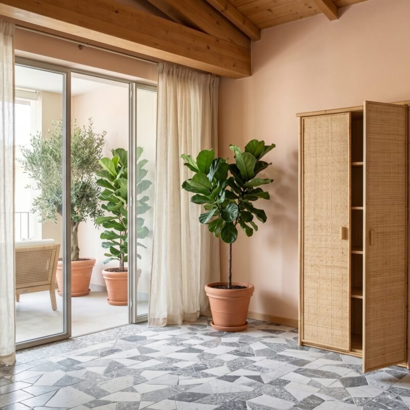 Sunlit interior with beige curtains, sliding glass doors to a balcony, and potted plants by the doorway.