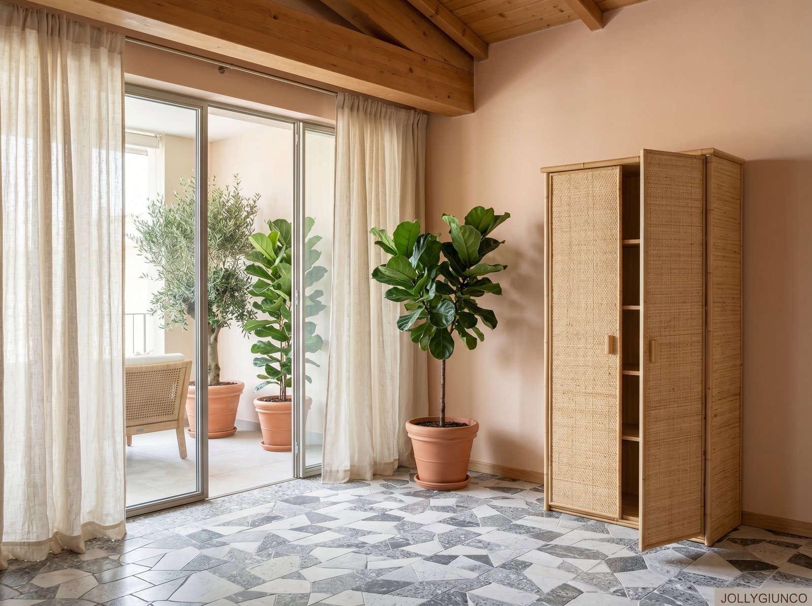 Colonna Cristina in giunco 2 porte jollygiuncoeu sunlit interior with beige curtains sliding glass doors to a balcony and potted plants by the doorway
